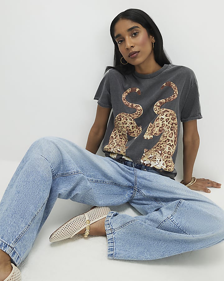 Grey Short Sleeve Washed Leopard T-shirt
