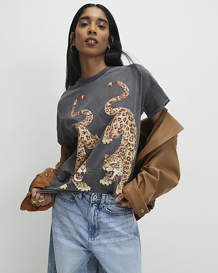 Grey Short Sleeve Washed Leopard T-shirt