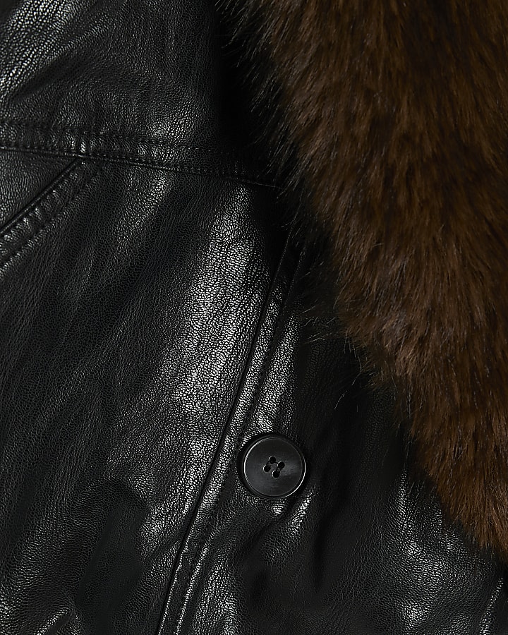Black Faux Fur Collar Padded Faux Leather Jac