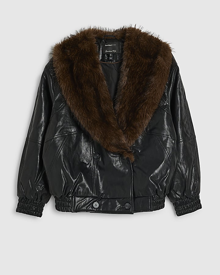 Black Faux Fur Collar Padded Faux Leather Jac