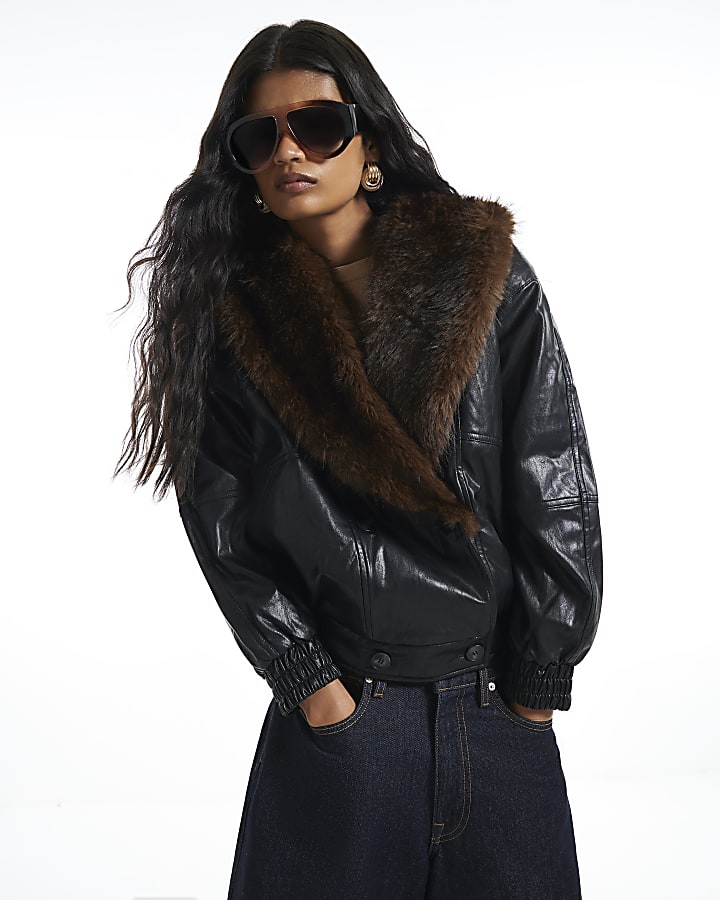 Black Faux Fur Collar Padded Faux Leather Jac