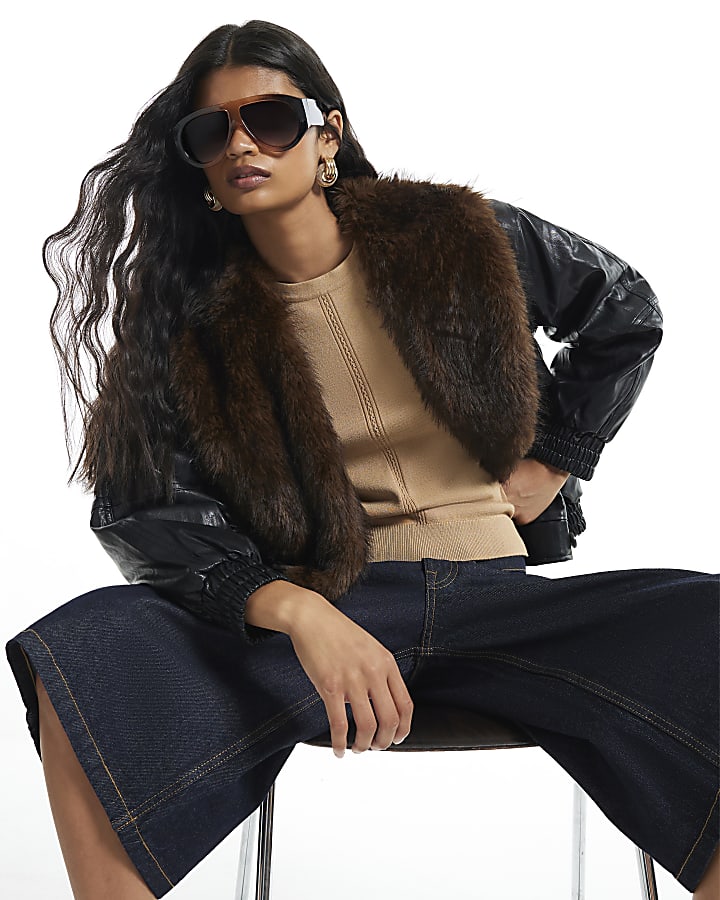 Black Faux Fur Collar Padded Faux Leather Jac