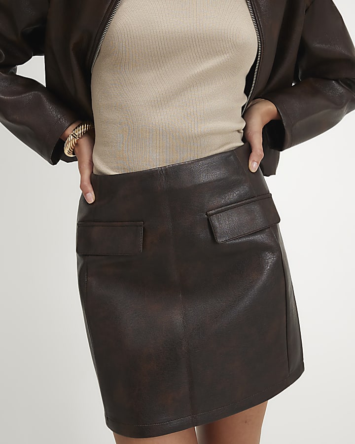 Brown Faux Leather Mini Skirt