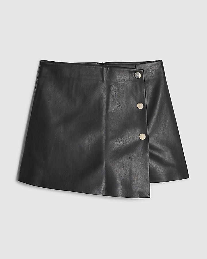 Black Faux Leather Popper Asymmetric Skort