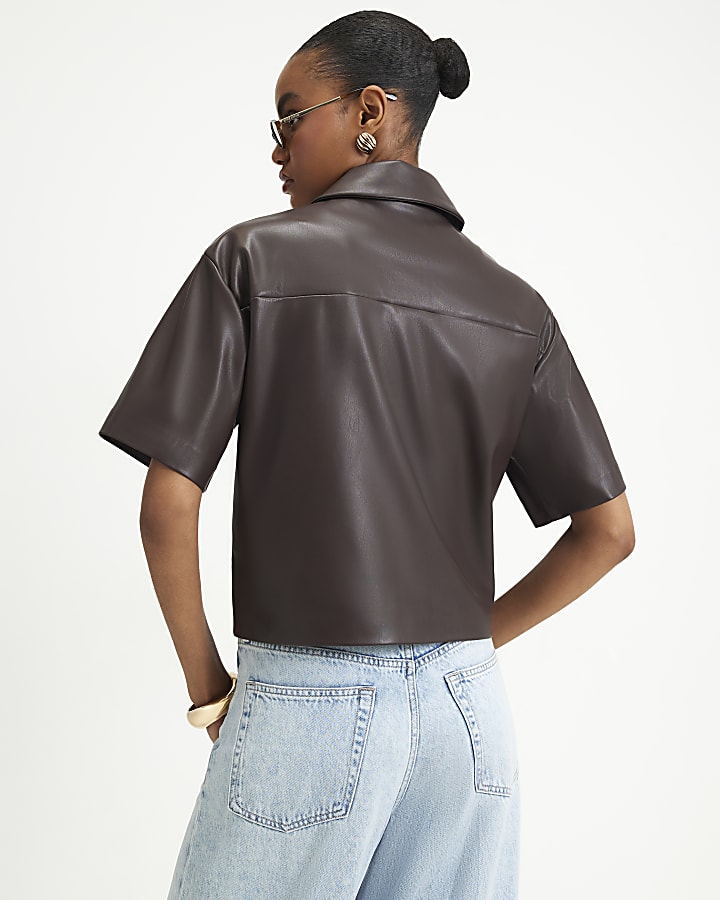 Brown Faux Leather Button Through Shirt