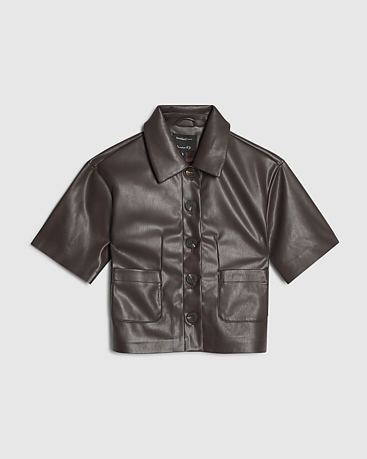 Brown Faux Leather Button Through Shirt