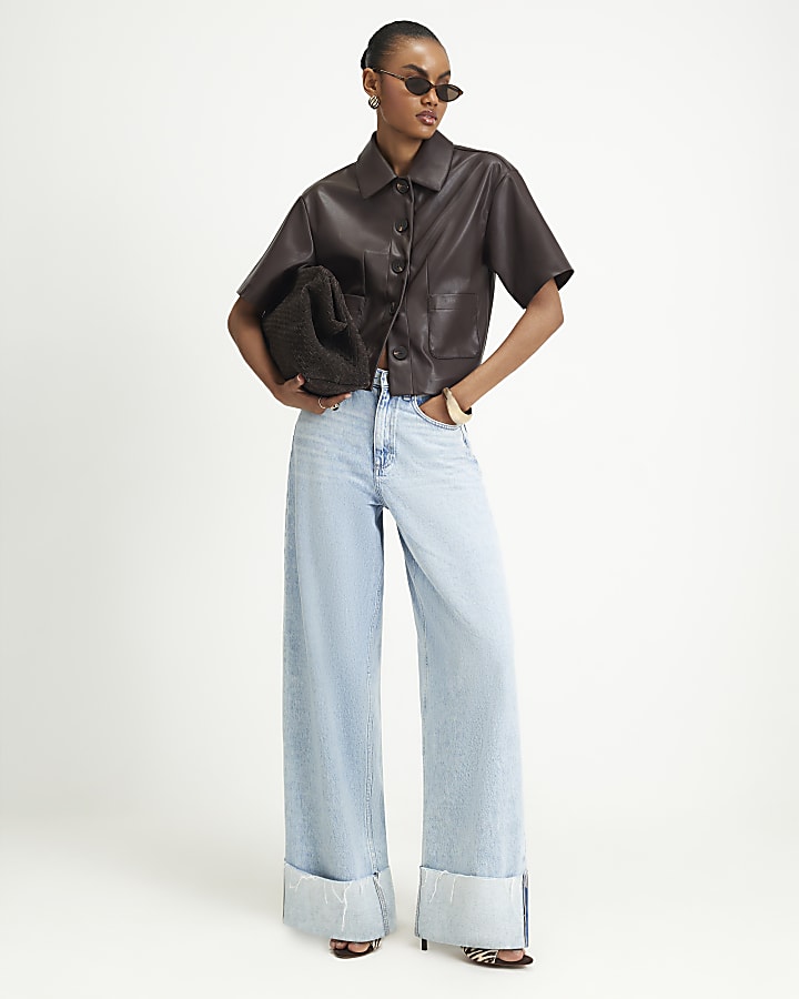 Brown Faux Leather Button Through Shirt