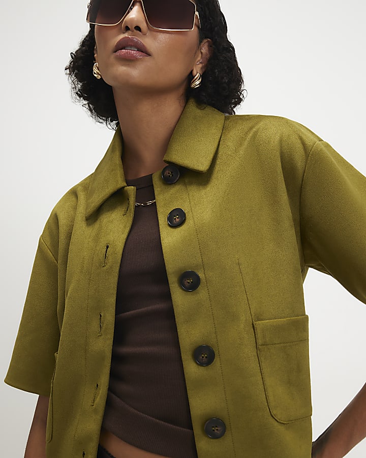 Green Faux Suede Button Through Shirt