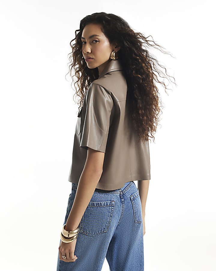 Beige Faux Leather Utility Pocket Front Shirt