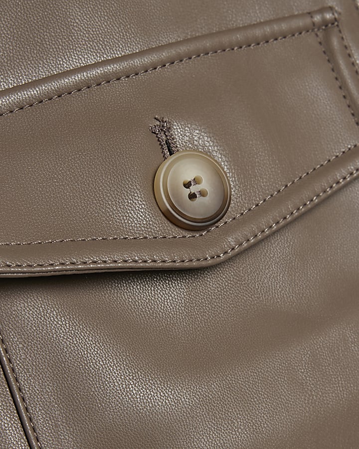 Beige Faux Leather Utility Pocket Front Shirt