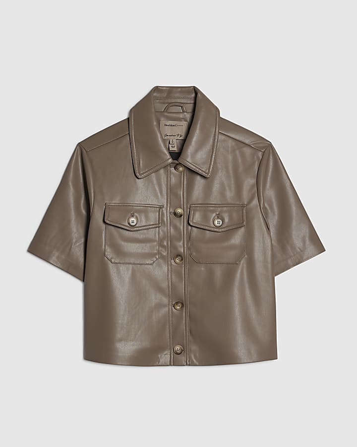 Beige Faux Leather Utility Pocket Front Shirt