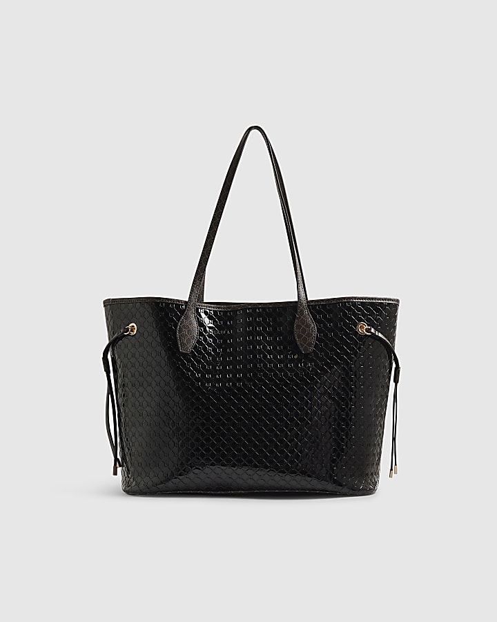 Black Monogram Patent Side Tie Shopper Bag