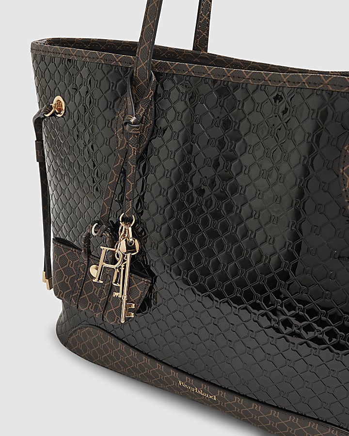 Black Monogram Patent Side Tie Shopper Bag