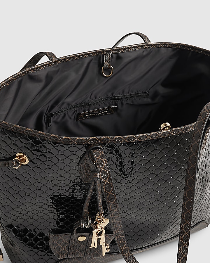 Black Monogram Patent Side Tie Shopper Bag