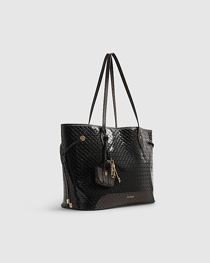 Black Monogram Patent Side Tie Shopper Bag