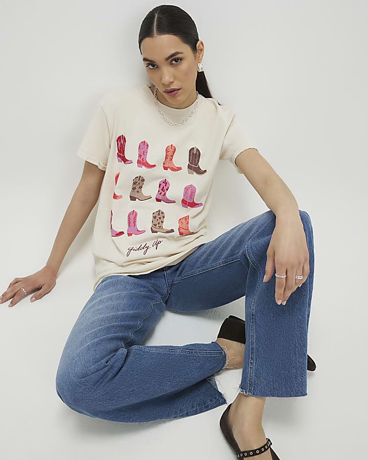 Cream Giddy Up Embroidered T-shirt