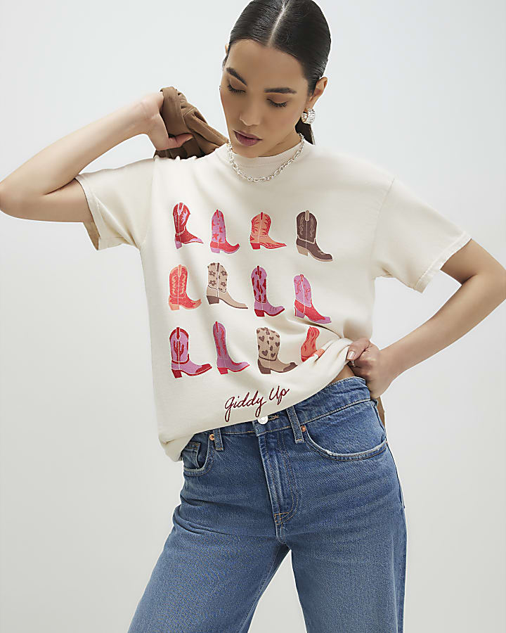Cream Giddy Up Embroidered T-shirt