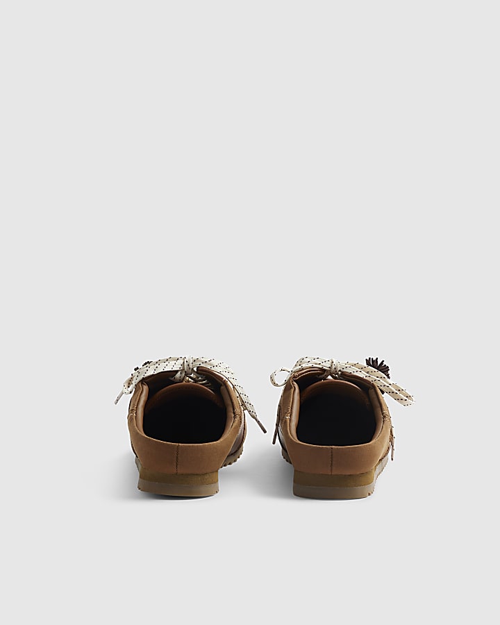 Brown Pom Pom Charm Mule Trainers