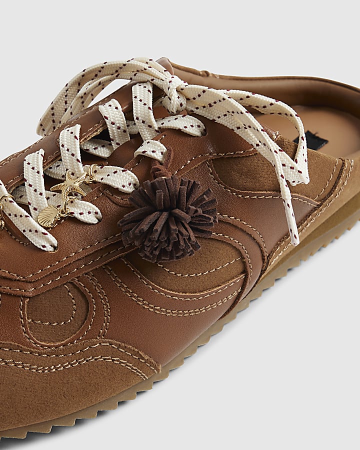 Brown Pom Pom Charm Mule Trainers