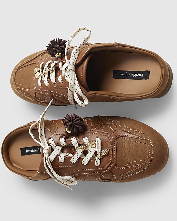 Brown Pom Pom Charm Mule Trainers