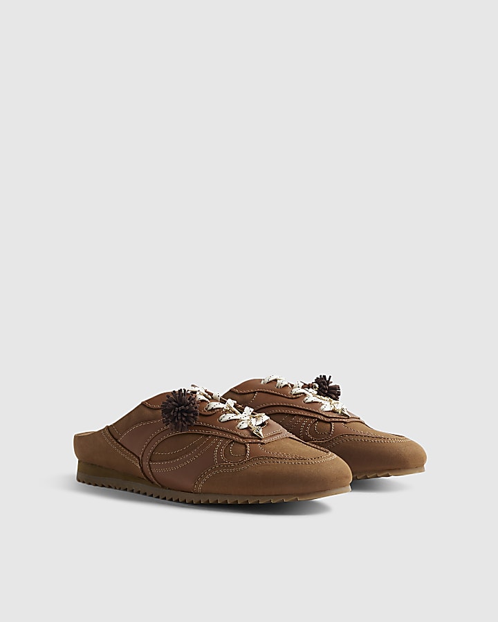 Brown Pom Pom Charm Mule Trainers