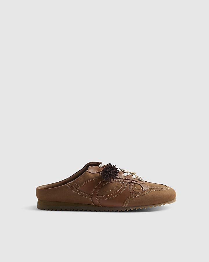 Brown Pom Pom Charm Mule Trainers