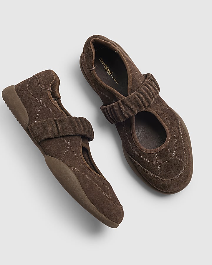 Brown Suede Ruched Strap Sneakerina Flats