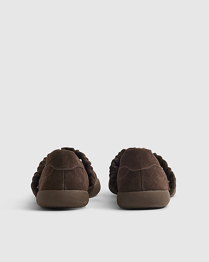 Brown Suede Ruched Strap Sneakerina Flats