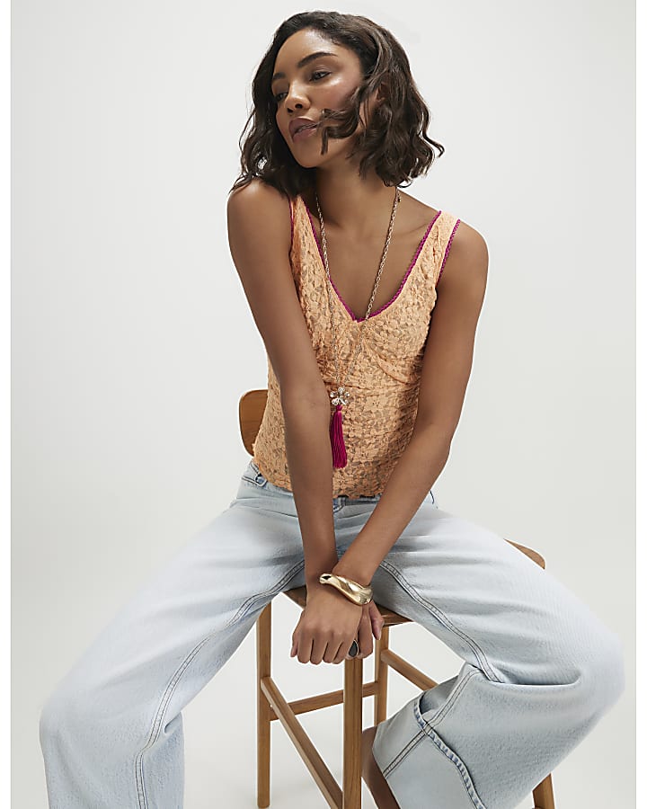 Orange Lace V Neck Cami