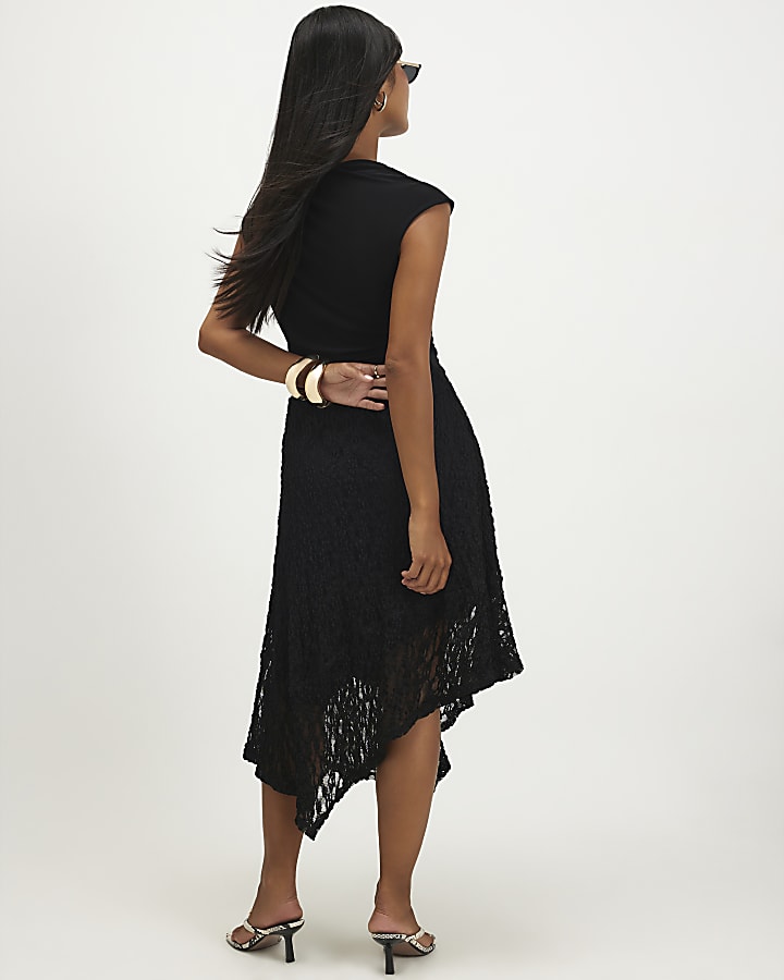Petite Black Lace Hybrid Drape Dress