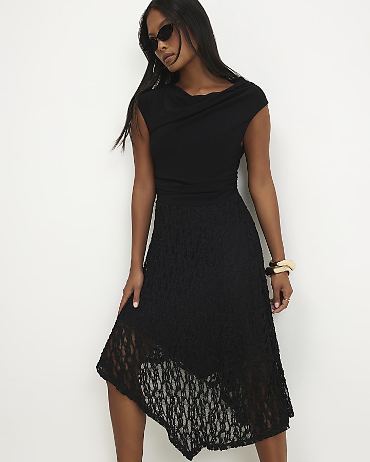 Petite Black Lace Hybrid Drape Dress