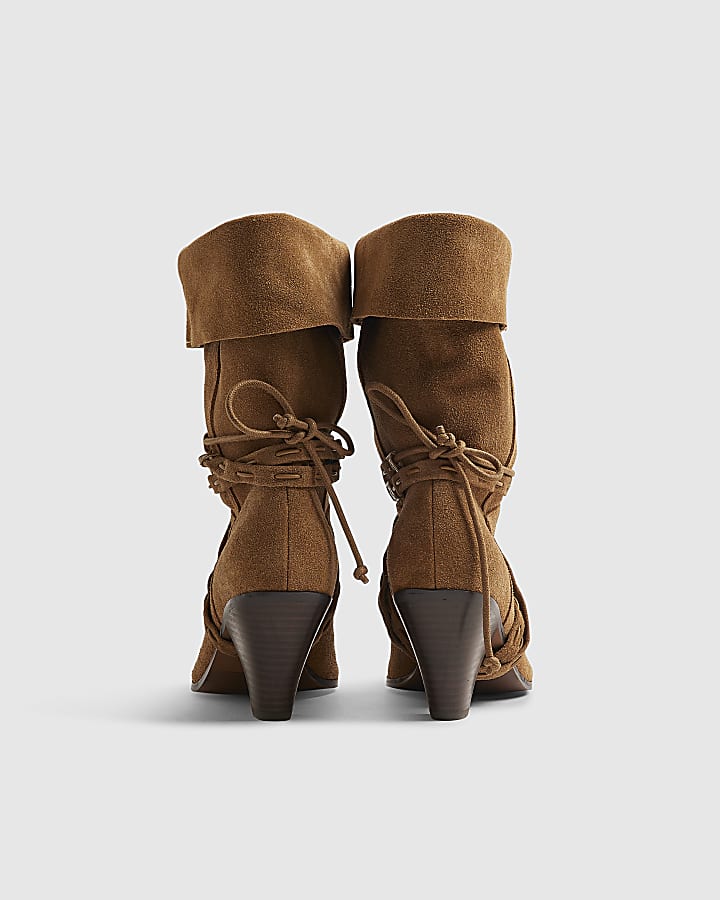 Brown Suede Slouch Cone Heel Ankle Boots
