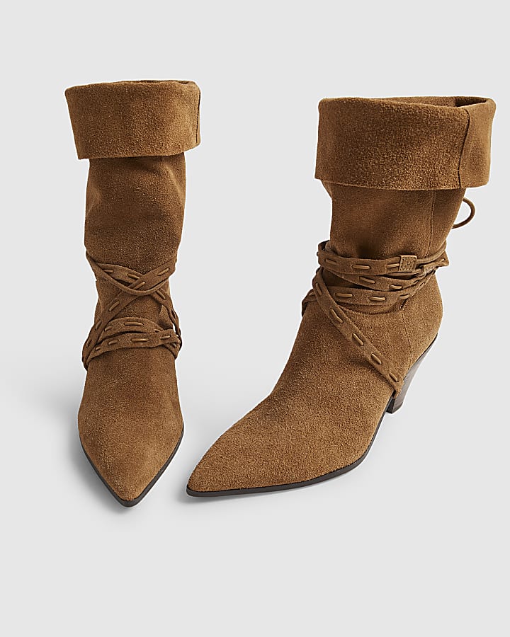 Brown Suede Slouch Cone Heel Ankle Boots