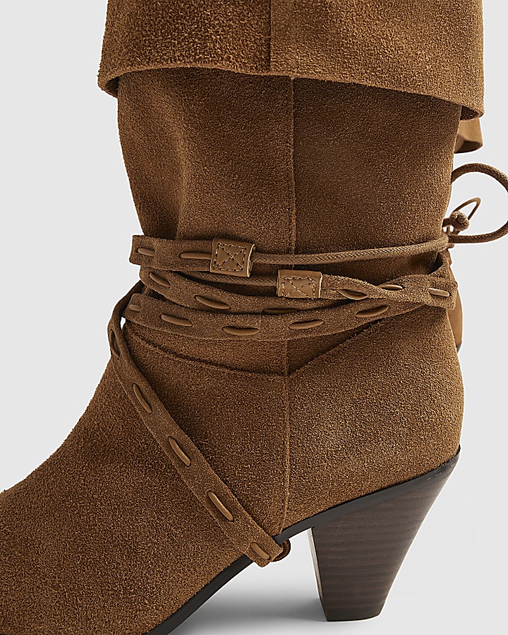 Brown Suede Slouch Cone Heel Ankle Boots