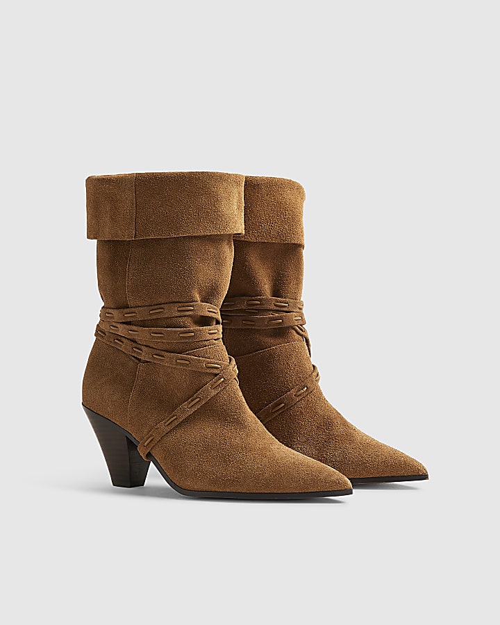 Brown Suede Slouch Cone Heel Ankle Boots
