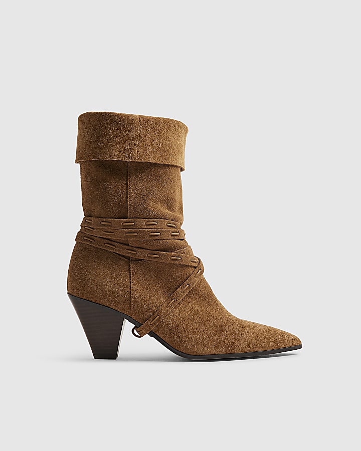 Brown Suede Slouch Cone Heel Ankle Boots