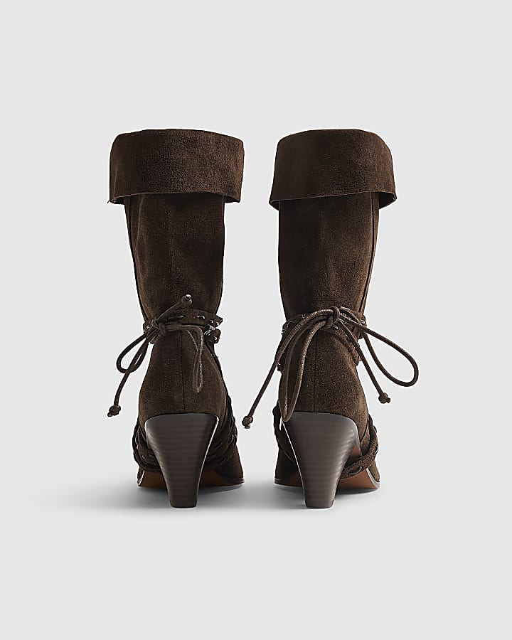 Brown Suede Slouch Cone Heel Ankle Boots