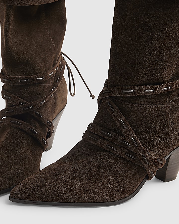Brown Suede Slouch Cone Heel Ankle Boots