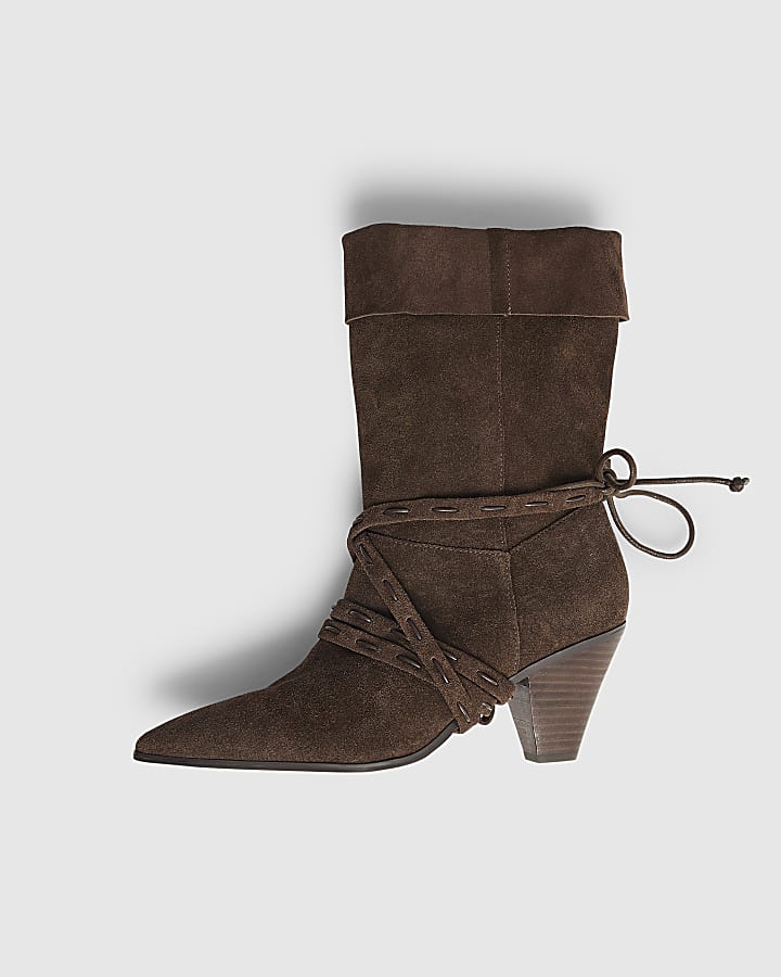 Brown Suede Slouch Cone Heel Ankle Boots