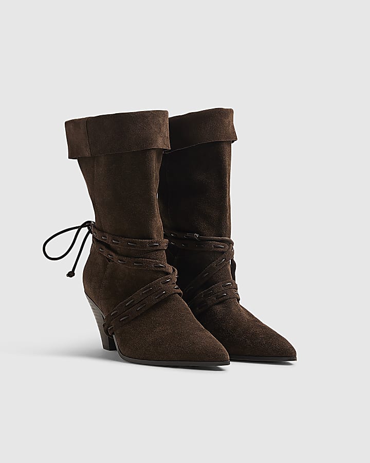 Brown Suede Slouch Cone Heel Ankle Boots