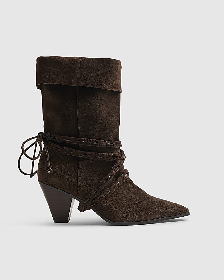 Brown Suede Slouch Cone Heel Ankle Boots