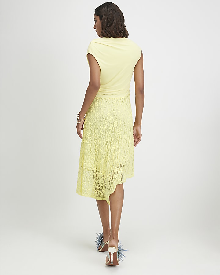 Yellow Hybrid Lace Skirt Drape Dress