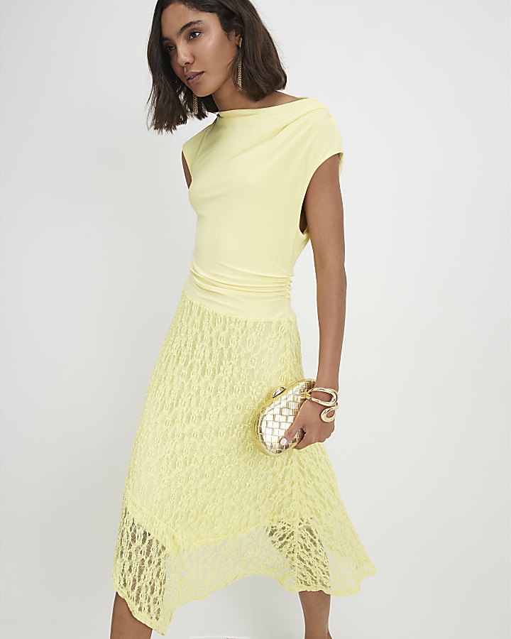 Yellow Hybrid Lace Skirt Drape Dress