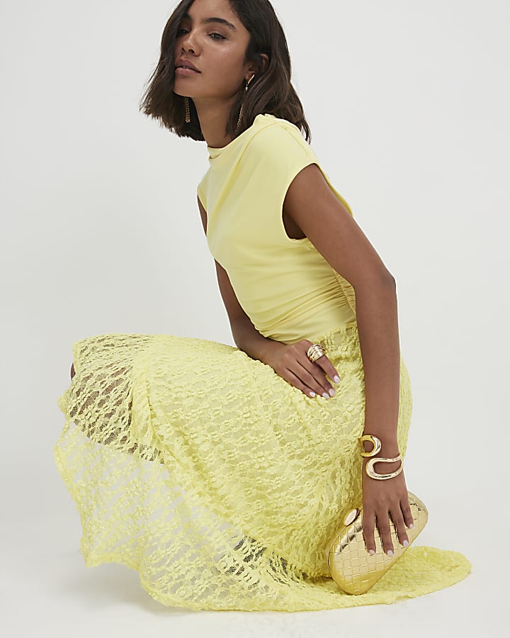 Yellow Hybrid Lace Skirt Drape Dress