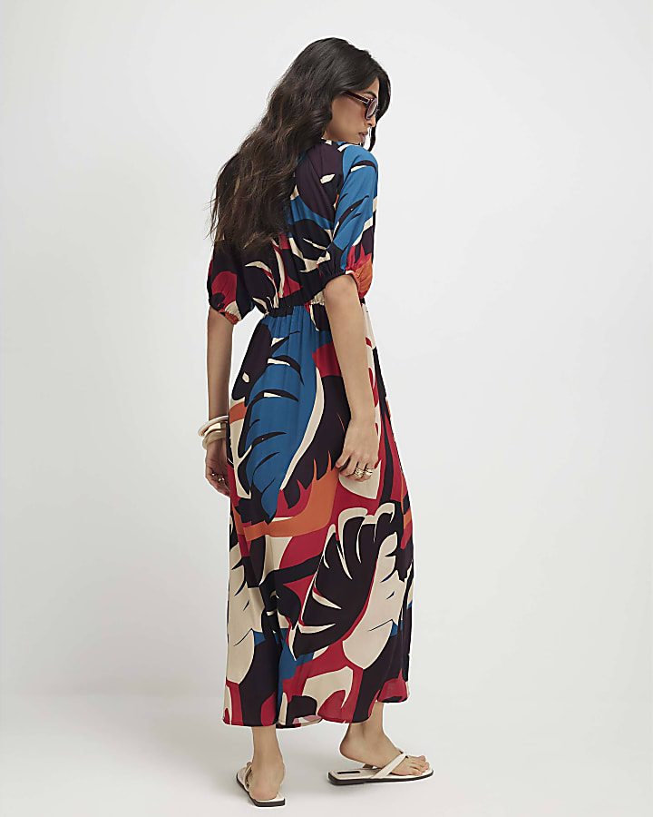 Brown Leaf Print Midi Dress