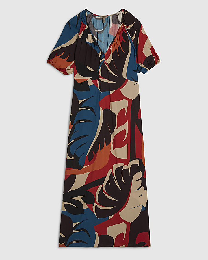 Brown Leaf Print Midi Dress