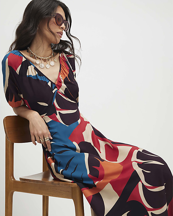 Brown Leaf Print Midi Dress