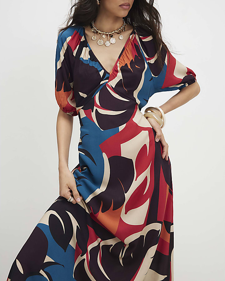 Brown Leaf Print Midi Dress