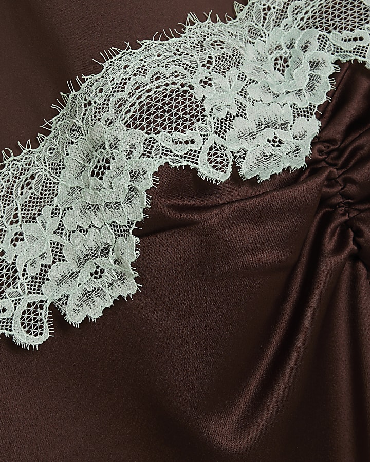 Brown Lace Satin Ruched Mini T-Shirt Dress