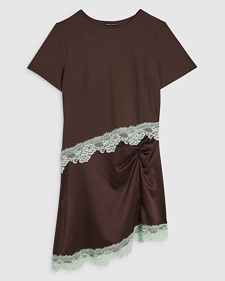 Brown Lace Satin Ruched Mini T-Shirt Dress